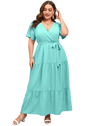 Image of ShopWonder Womens Plus Size V Neck Wrap Maxi Dress High Waist Ruffle Summer Casual Dress with Belt