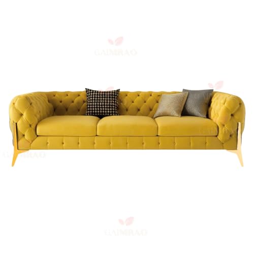 Image of 4 Seater Sofa Set Modern Classic Chesterfield Style Fabric Velvet with Pillows for Living Room, Bedroom and Office and Hallway Colour (3+1+OTTO Yellow FC)