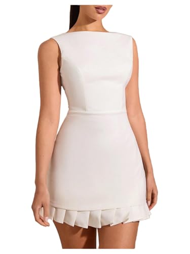 Image of Milumia Women's Boat Neck Pleated Mini Dress Open Back Short Party Club Tank Dresses