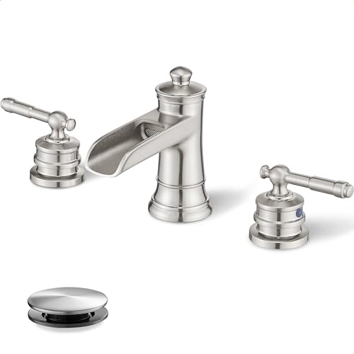 HOIGY 4-16 Inch Widespread Bathroom Faucet Brushed Nickel, Brass Waterfall