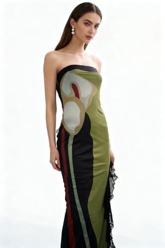 Image of Women's Sexy Strapless Backless High Split Long Maxi Dress Ruched Off Shoulder Sleeveless Bodycon Party Cocktail Dresses