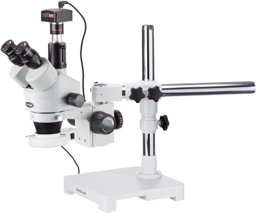Image of AmScope SM-3TY-54S-5M Digital Professional Trinocular Stereo Zoom Microscope, WH10x Eyepieces, 7X-90X Magnification, 0.7X-4.5X Zoom Objective, 54-Bulb LED Light, Single-Arm Boom Stand, 110V-240V, Includes 2.0X Barlow Lens and 5MP Camera with Reduction Lens and Software
