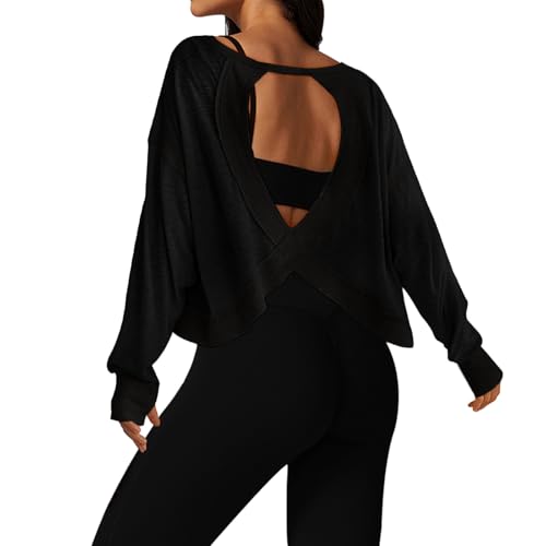 Image of UNIANKIYA Open Back Workout Tops for Women Long Sleeve Cropped Athletic Clothes Gym Running Yoga Low Impact Sports T Shirts