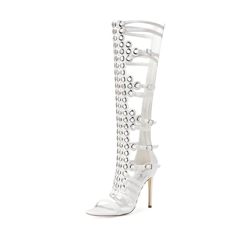 Women's 4.3IN Hollow Open Toe Knee High Boots Metal Buckle Stiletto Heels Nightclub Party Wedding Shoes