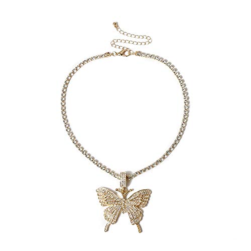 Butterfly Cuban Link Necklace Set Big Butterfly Pendant Necklace Bling Rhinestones Chain Fashion Accessory Silver Crystal Choker Necklace Jewelry for Women Men Hip Hop Lovers - a