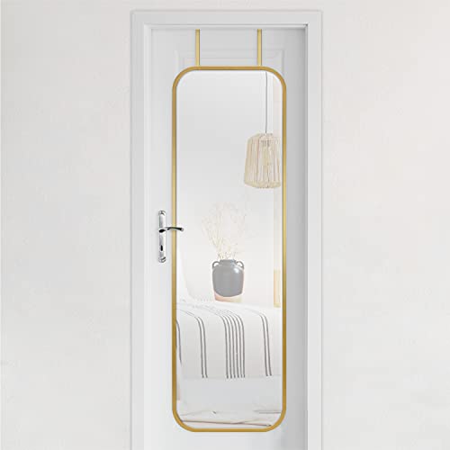 Image of MCS 17x55 Brass Metal Over The Door Mirror With Rounded Corners, Full Length Hanging Mirror for Bedroom and Bathroom Doors, No Tools Required