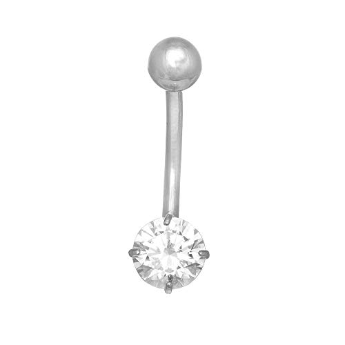 14k Solid Gold White Belly Button Round CZ Navel Ring Body Jewelry, 1.1gr.