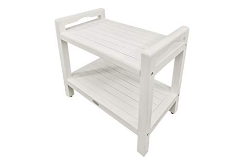 CoastalVogue Eleganto Teak Shower Stool with LiftAid Arms and Shelf, 24 inches, Driftwood - Image 3