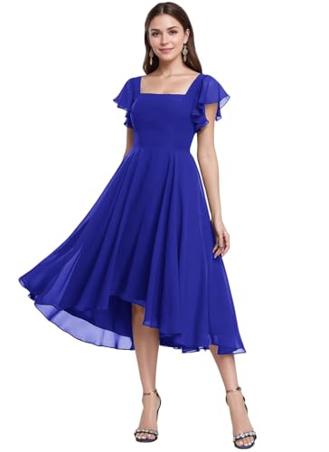 Tea Length Chiffon Bridesmaid Dress Sqaure Neck Formal Party Dresses with Short Sleeve