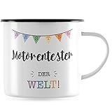 JUNIWORDS Emaille-Tasse, Bester Motorentester der Welt, Schwarzer Tassenrand (5711968)