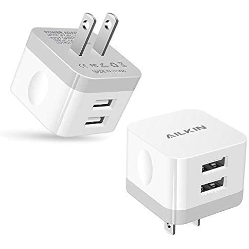 2Pack USB Wall Charger Plug, AILKIN 2.4A Dual Port USB Adapter Power Cube