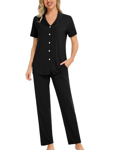 Image of SWOMOG Women Pajama Sets Two-Piece Nightwear Short Sleeve Sleepwear Button Down Pj Lounge Sets with Long Pants