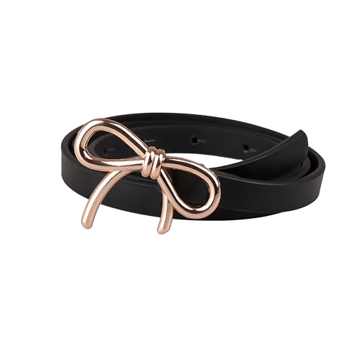 Womens Leather Belt Gold Bow Skinny Belt for Dresses Dress Jeans Ladies Thin Waist Belt for Pants