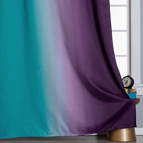 Teal and Purple Gradient Curtains 63 Inch Length 2 panels, Ombre and Wavy Line Pattern Blackout Curtains for Kids Room, Full Light Blocking Thermal Insulated Grommet Drapes for Bedroom, 42x63 Inch