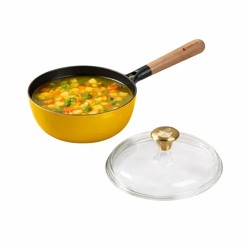 Image of CUMIN CO. Cast Iron Sauce Pan with Lid | 1.5 litres, 18 cm | Induction Base Cookware |5 Years Warranty | Non Toxic Pan for Tea and Serving Sauces | Chemical Free Coating | Beechwood Handle | Mustard