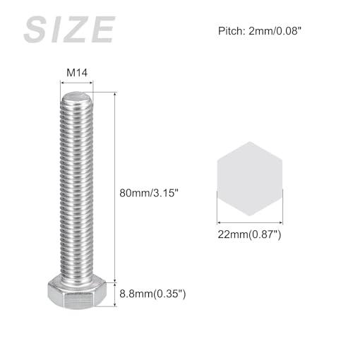 Image of METALLIXITY Hex Bolts (M14-2x80mm) 2Pcs, 304 Stainless Steel Coarse Fully Threaded Hex Head Screw Bolt Machine Screws - for Furniture Repair, Silver