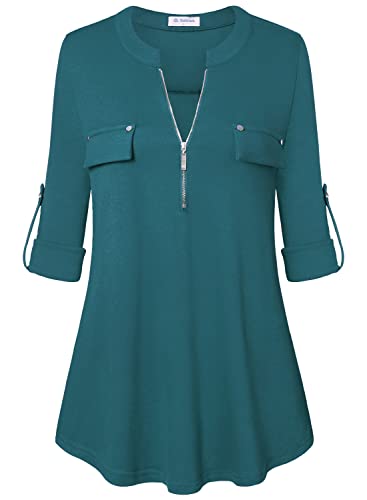 Image of Bulotus 3 /4 Length Sleeve Womens Striped Tops Zipper V Neck Collared Blouses Business Casual Tunics 2026 Spring Trendy