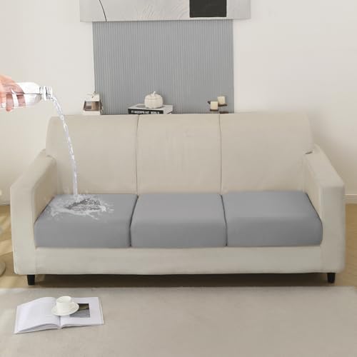Image of HOKIPO 100% Waterproof Elastic Individual Seat Cushion Cover, 3-Piece Sofa Cushion Cover, Light Grey (AR-5352-LGRY*3)