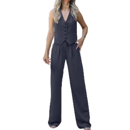 Generisch 2025 - Traje casual de 2 piezas para mujer, chaleco sin mangas con botones, camisa, pantalones rectos de pierna ancha y bolsillos, mono de boda para mujer, gris oscuro, M