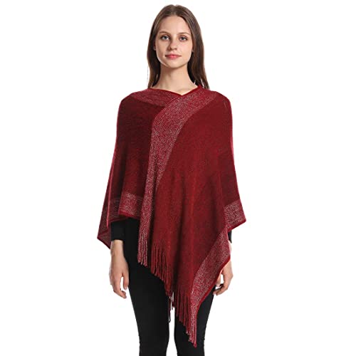 Image of Women's Elegant Knitted Shawl Poncho with Fringed V-Neck Striped Sweater Pullover Cape Gifts for Women Mom