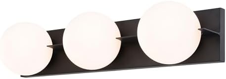 VAXCEL Parkview 3-Light 24 inch Wide Matte Black Mid-Century Modern Bathroom Vanity Lighting Fixture, Frosted Opal Glass Shade, Dimmable LED Compatible, Over The Mirror Wall Mounted Full Backplate