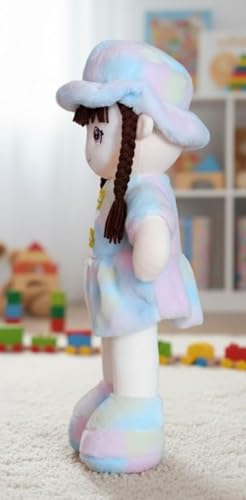 Image of Soft Hat Doll for Kids 60 CM Cute Plush Rag Doll with Braided Hair and Cap, Washable Stuffed Toy for Girls