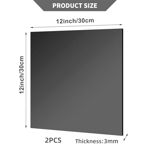 Image of 2 Pcs 12 x12 Inch Black Acrylic Mirror Sheet, 1 /8 Inch Thick Opaque Glossy Mirror, Plexiglass Mirror Sheets with Protective Film, Rigid Mirror Sheets for Sawing, DIY, Laser Cutting and Engraving