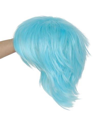 Image of Rose bud Anime Halloween Aqua Blue Wig for Cosplay Party Synthetic Layered Short Hair Wigs with Bangs Pastel Funny Wigs for Women Men