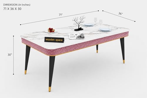 Image of WOODEN SPACE 6-Seater Wooden Dining Table Set | Nano Composite Marble Top | Solid Wood Base | Modern Dining Room Furniture with 6 Chairs (Pink Modern Vento)