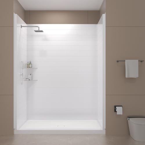 32x60 Shower Wall Panels with Base Kit 4-Piece Shower Surround Set Glossy White Subway Tile Look SMC Solid Surface Panels Grout-Free Bathroom Remodeling for Tub to Walk in Shower Conversion