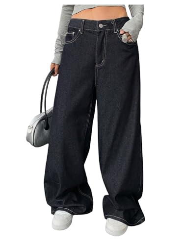 OYOANGLE Women's Denim Wide Leg Straight Jeans Y2K Baggy Loose Mid-Rise Pocket Casual Pants