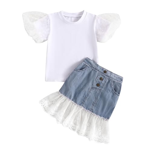 NANCHNEGGU 2PCS Baby Girl Denim Skirts Sets, Mesh Puff Sleeves Shirt + Lace Hem Patchwork Skirts Summer Outfit (White Blue, 12-18 Months)