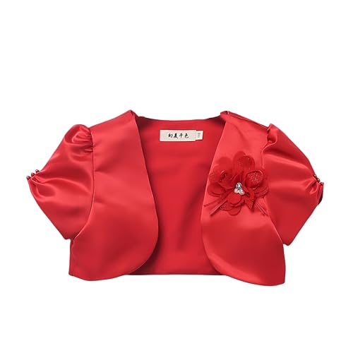Proumhang Bolero Shrug Cardigan Niña Chaqueta de Satén de Manga Corta Chal Princesa Capa de Boda Pequeño Abrigo para Niñas de 3-10 años Rojo 100