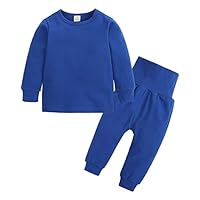 Kids Thermal Underwear Set, Toddler Girls Boys Cotton Pajamas Set Long Sleeve Base Layer Thermals Top Bottom Set Spring Winter Solid Pants Hoodie Sweatshirt Sleepwear Set (Dark Blue, 1-2 Years)