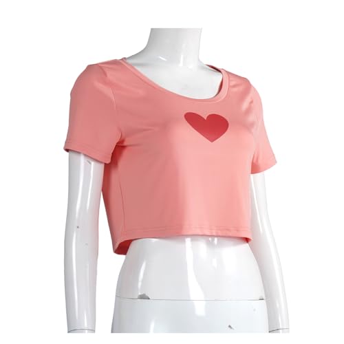 chenggong Women Pink Crop Shirt Short Sleeves Red Hearts Top2