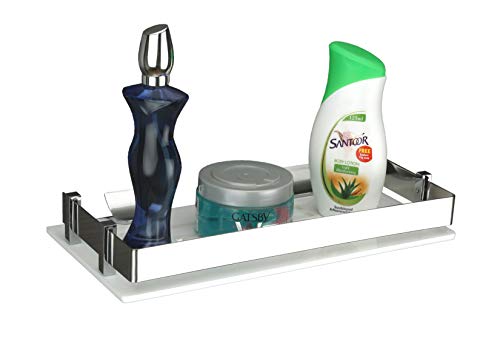 Image of Wall Shelf for Bathroom Storage /Acrylic Washroom Shelf Organizer with Stainless Steel Railings /Bathroom Accessories (White, 12x6 inches)