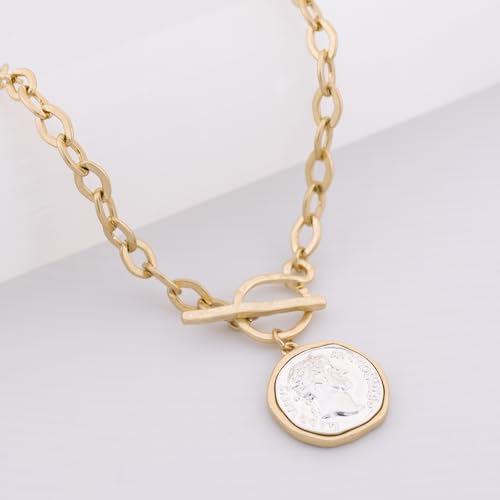 Chunky Coin Antique Gold Plated Thick Link Chain Layered Pendant Necklace for Women 18 Inch Trendy Toggle Chain Necklace Gift for Women4