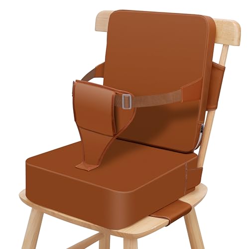 Image of Toddler Booster Seat for Dining Table, Non-Slip Kitchen Chair Booster Seat with Backrest and Adjustable Straps, Portable PU Waterproof Travel Baby Booster Increasing Cushion