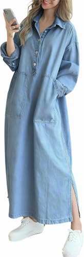 Image of Womens Casual jean dress Long Sleeve Denim Maxi Shirt Dress | with Split western country oversized dress Spring Fall