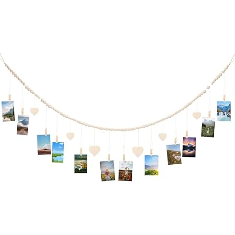 joycraft 5Ft Photo Banner with Clips, Photo Garland with Wooden Beads, Photo Clip String, Boho Photo Display for Bedroom, Office, Dorm, and Party Decor(11Pcs Clips + 6Pcs Wooden Heart Tags) Cover