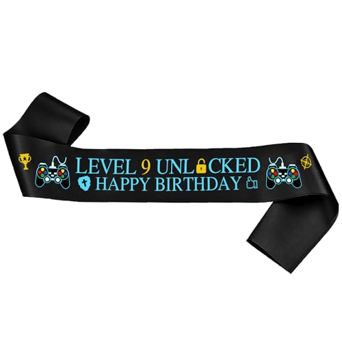 Gaming 9th Birthday Decorations Sash - Boys Level 9 Unlocked Banners, Black Happy Birthday Sash for 9 Years Old Birthday Party Supplies