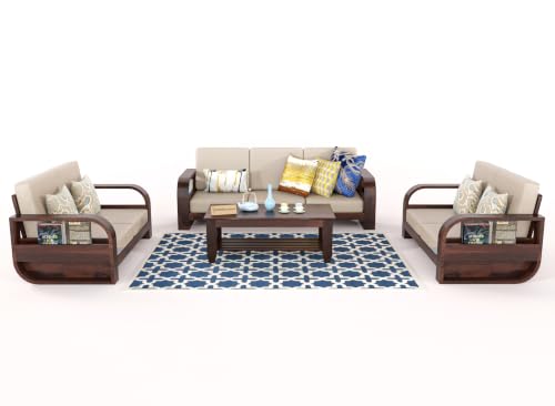 Image of Wooden 7 Seater Sofa Set for Living Room | Seven Seater Sofa for Office & Lounge | 3+2+2 Seater Sofa Sets for Home | Sheesham Wood (Walnut)