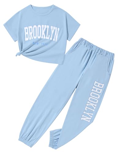 Image of Fuermos Girls Summer Outfits Two Piece Pants Sets Brooklyn Print Short Sleeve T Shirt and Pant Girls Outfits Size 6-14