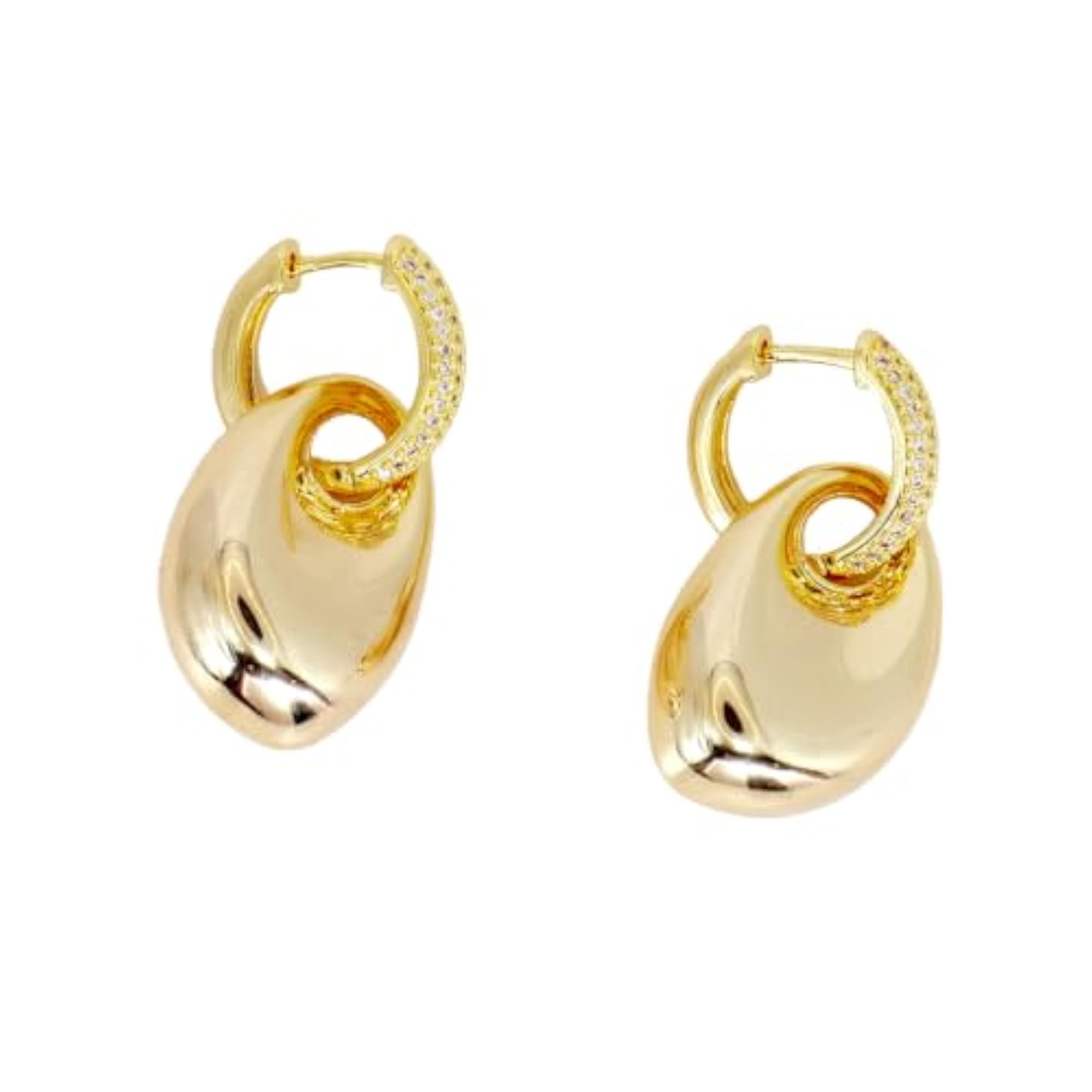 Women's Gold Chunky Huggie Hoop Teardrop Earrings, Pave Zirconia