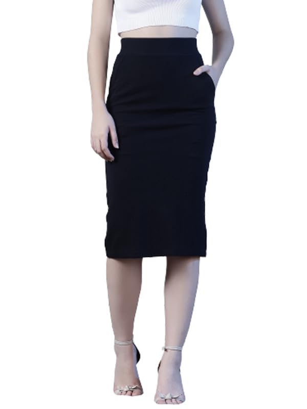 Women Black Polyester Lycra High Waist Midi Pencil Skirt with Pockets-image-33