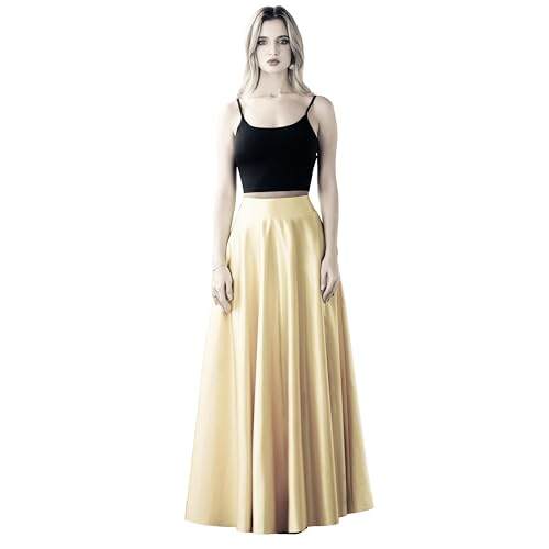 A-Line Satin Front Flated Back Elastic Formal Prom Party Maxi Skirt for Women with Pockets