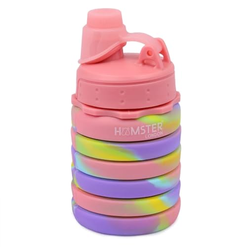 Image of HAMSTER London Silicone Expandable Foldable Water Bottle 500ml for Kids | BPA-Free Collapsible Leak-Proof Drinking Bottle | Lightweight Portable Bottle for School, Travel, Outdoor (Pink)