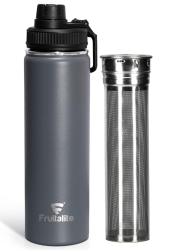 Image of Fruitalite Thermosteel Insulated Fruit Infuser Water Bottle- 700ml with Screw /Spout Lid, Steel Infusion Rod, Infused Detox Recipe eBook, Double-Wall Vacuum Stainless Steel Bottle- Smokey Grey