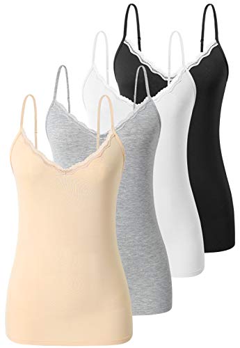 Air Curvey Camisole for Women Lace Cami Spaghetti Strap Tank Top Undershirts V Neck 4 Pack Black White Grey Nude XL