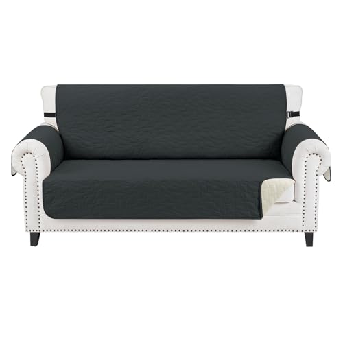 CUCRAF Non Slip Quilted Sofa Cover, Water Resistant Slipcover Furniture Protector for 2 Cushion Sofa Pet Friendly, Washable Couch Cover with Adjustable Elastic Straps (Medium-XL Loveseat, Black)